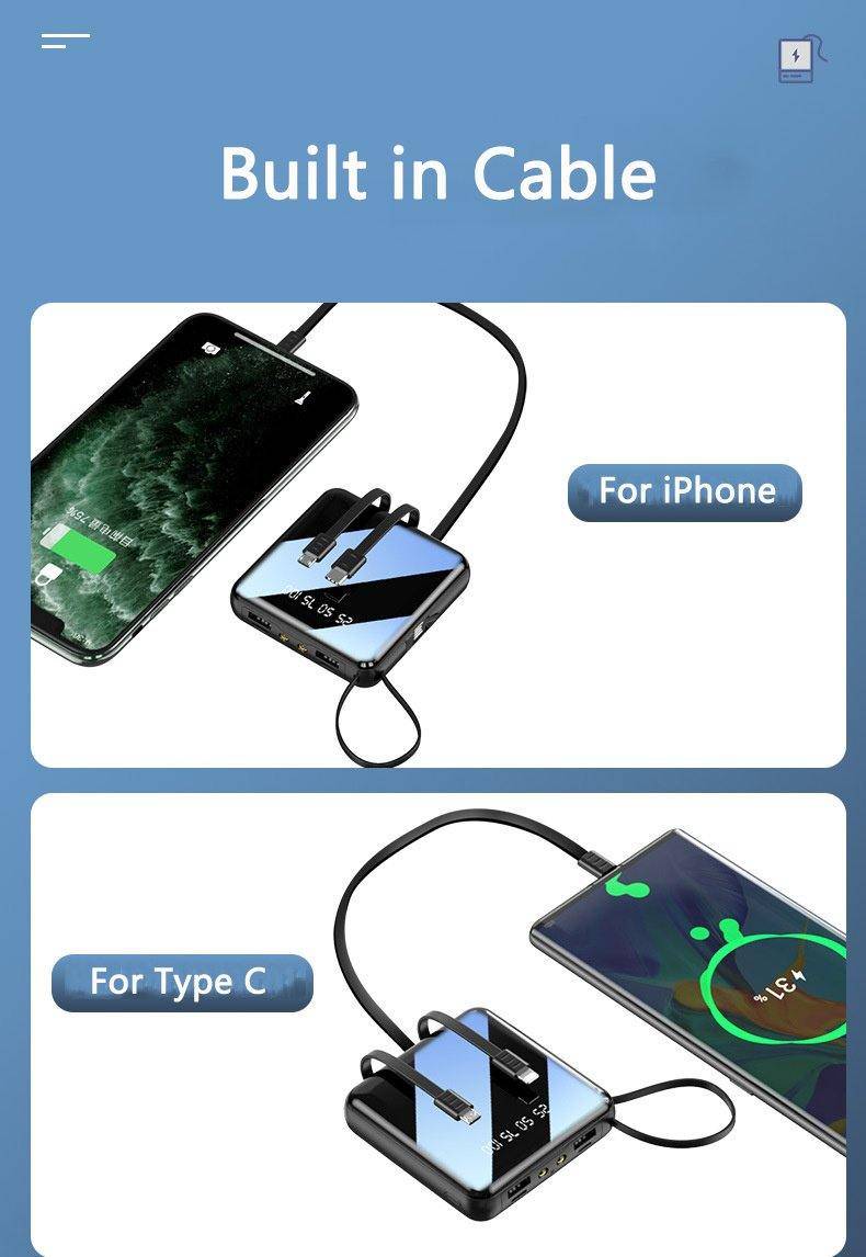 20000mAh Mini Mirror Built In Cables Fast Charging Power Bank